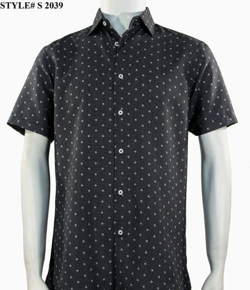 Sangi Short Sleeve Button Down Printed Men's Shirt - Diamonds Pattern Black #S 2039