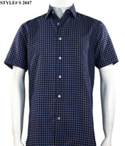 Sangi Short Sleeve Button Down Printed Men's Shirt - Circle Pattern Navy #S 2047