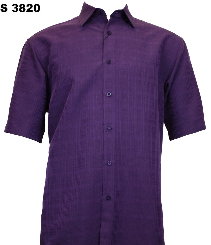 Sangi Short Sleeve Button Down Tone on Tone Men's Shirt - Grid Pattern Purple #S 3820