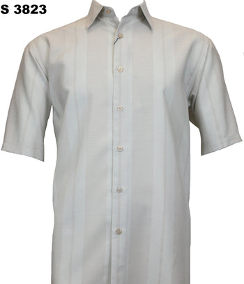 Sangi Short Sleeve Button Down Tone on Tone Men's Shirt - Stripe Pattern Cream #S 3823